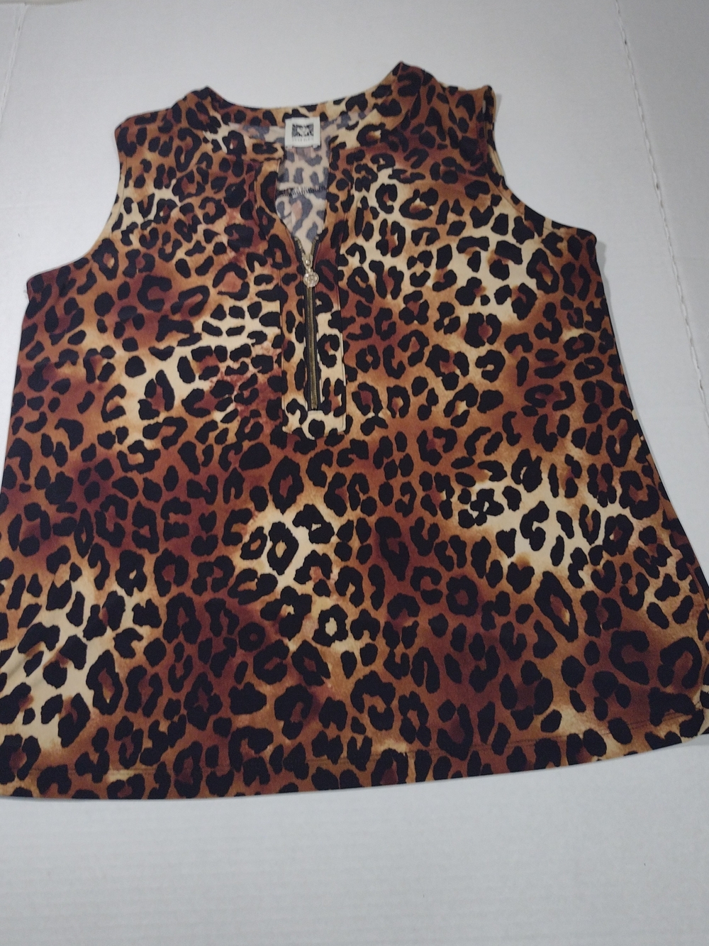 Anne Klein Sleeveless Leopard Print Zip-Front Top - Brown Size Small